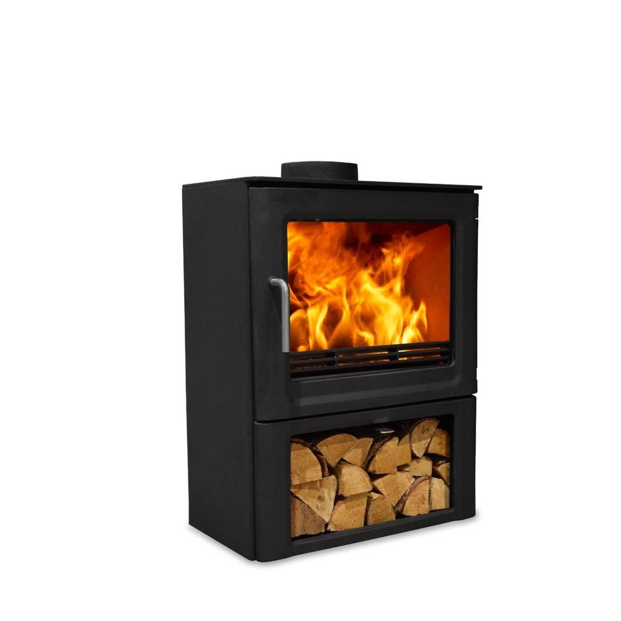 R6 ECO wood burning stove with log store in modern living room | Home Centre Direct UK