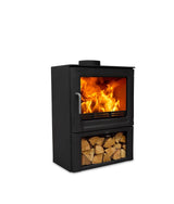 R6 ECO wood burning stove with log store in modern living room | Home Centre Direct UK