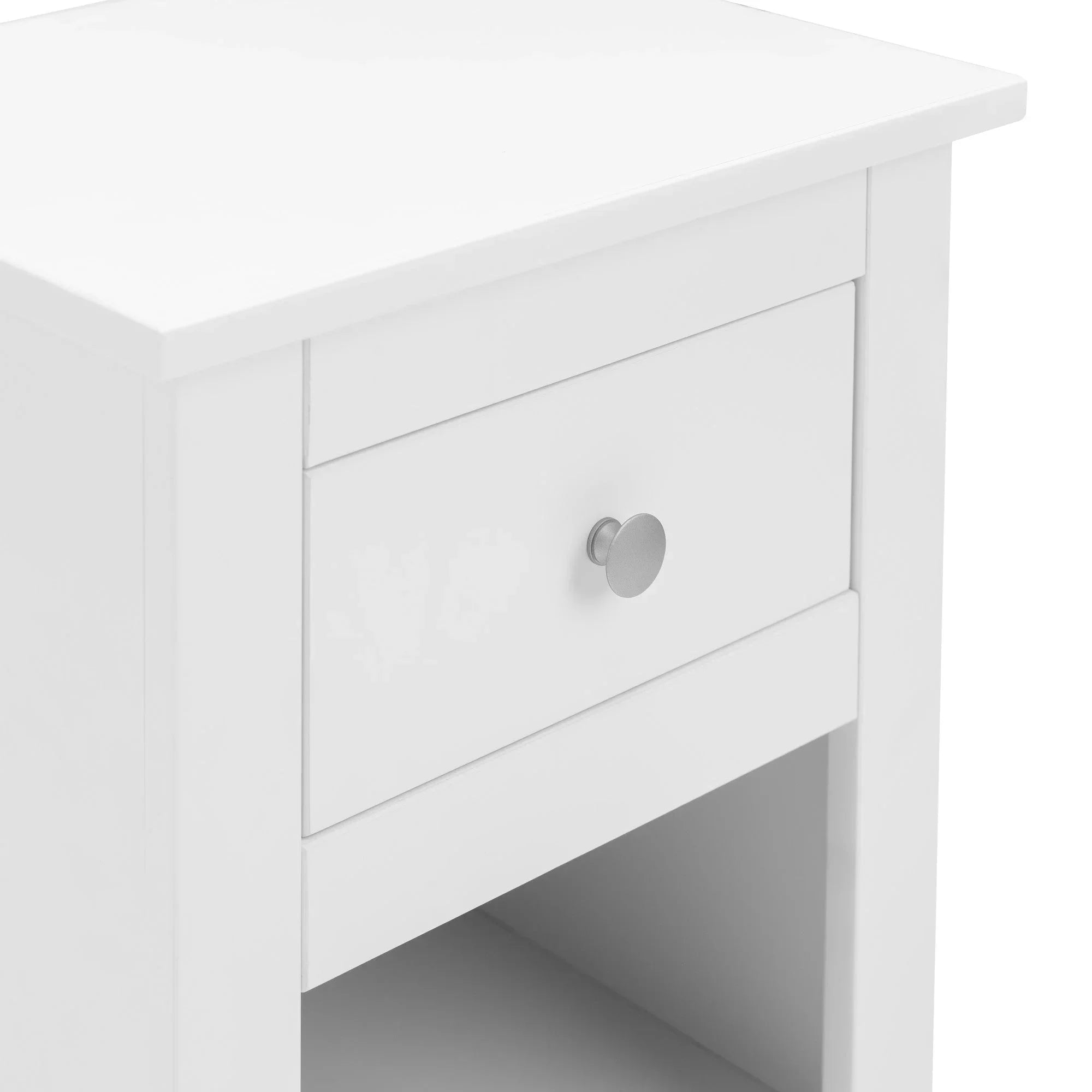 White bedside table with single drawer and open shelf, close view of drawer handle