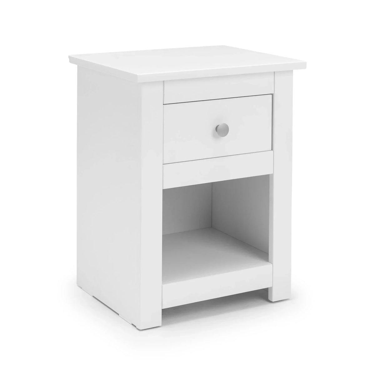 White bedside table with single drawer and open storage shelf, angled front view