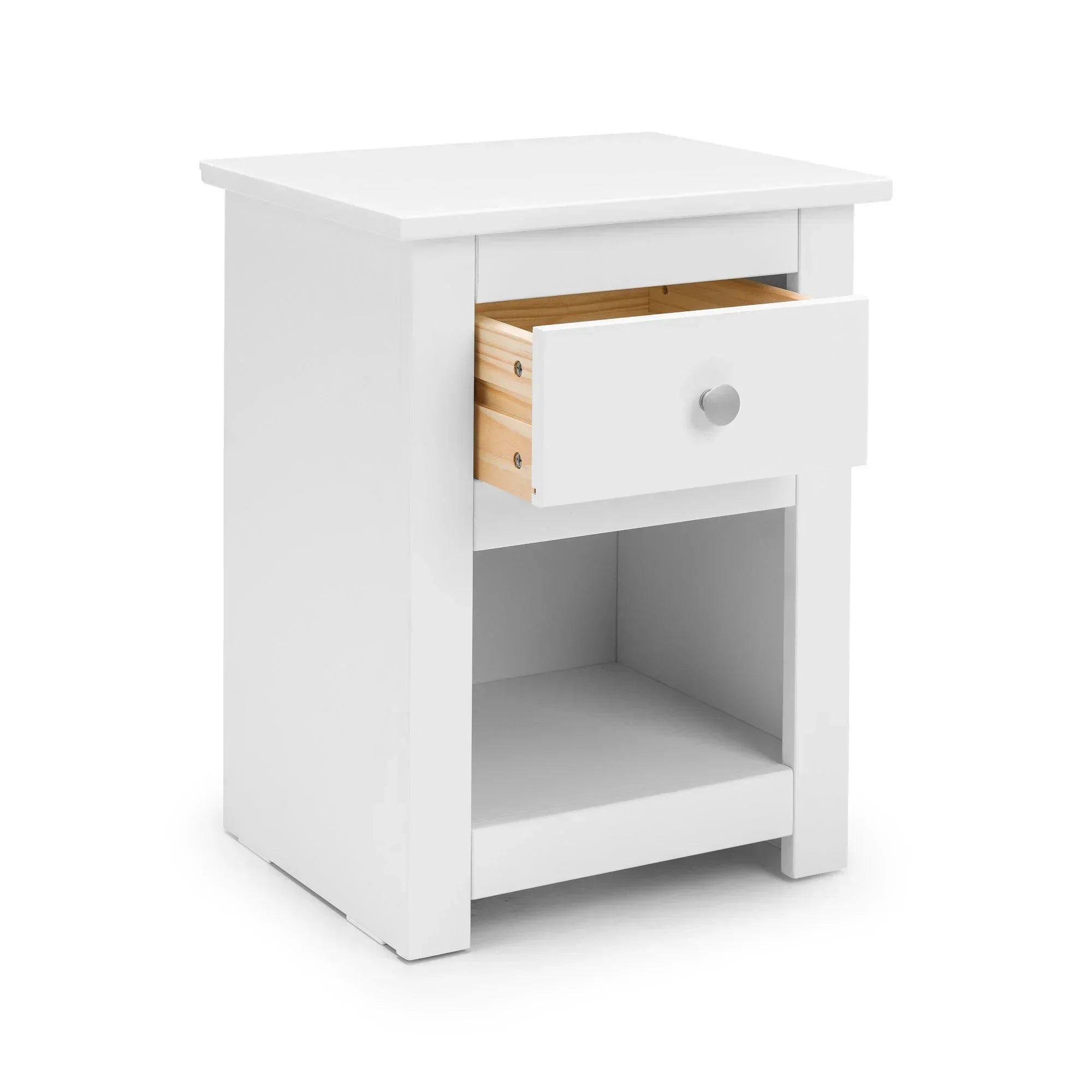 White bedside table with single open drawer and lower shelf, angled view