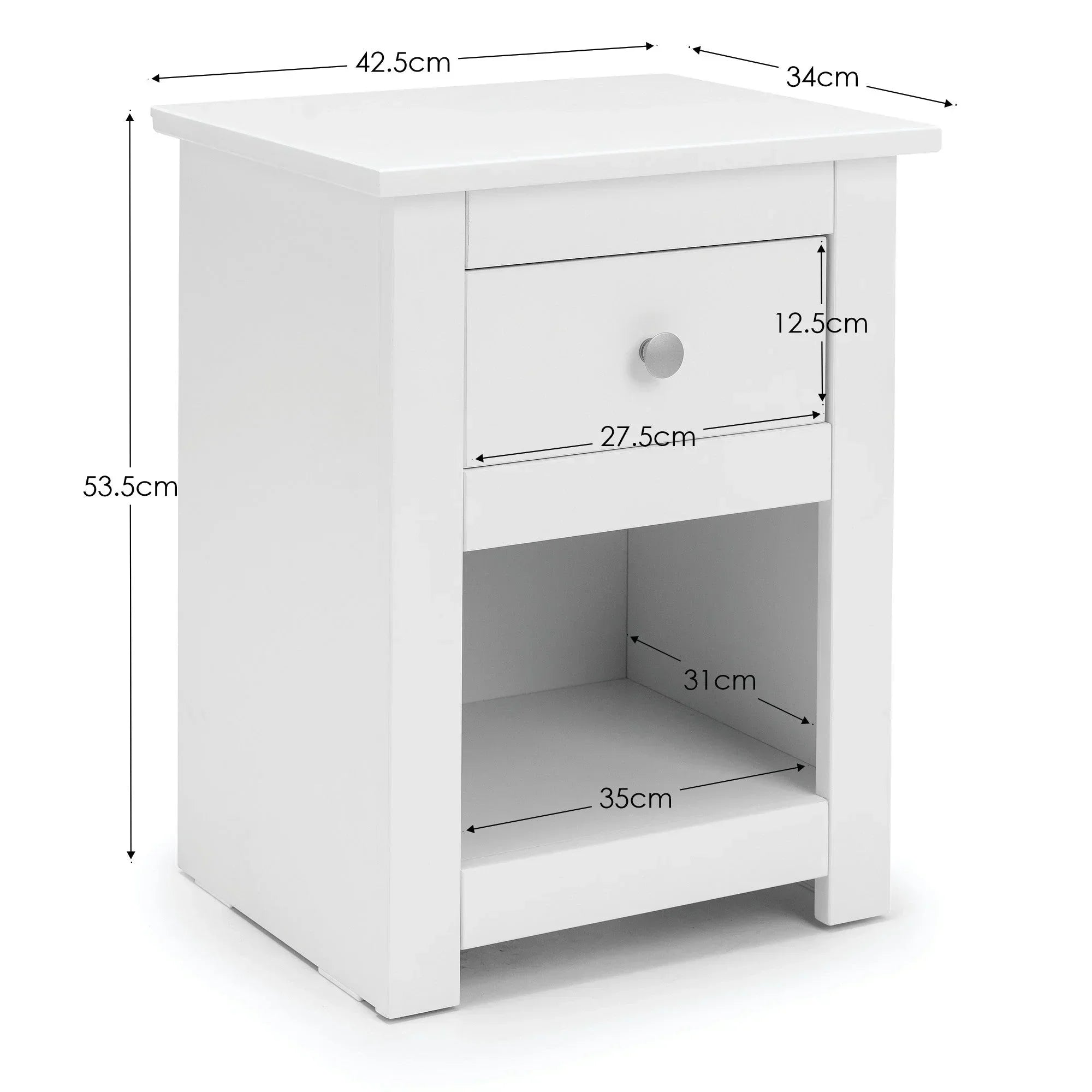 White bedside table with drawer and lower shelf, dimensions labeled in centimeters