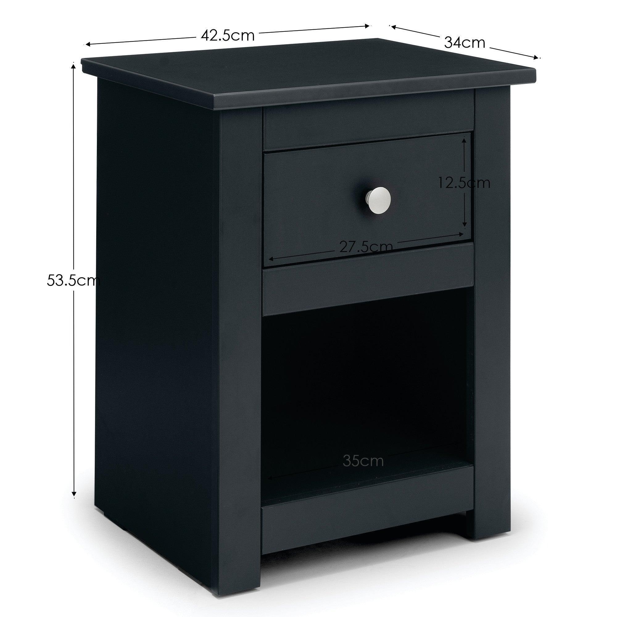 Black bedside table with drawer, open shelf and visible measurements in centimeters