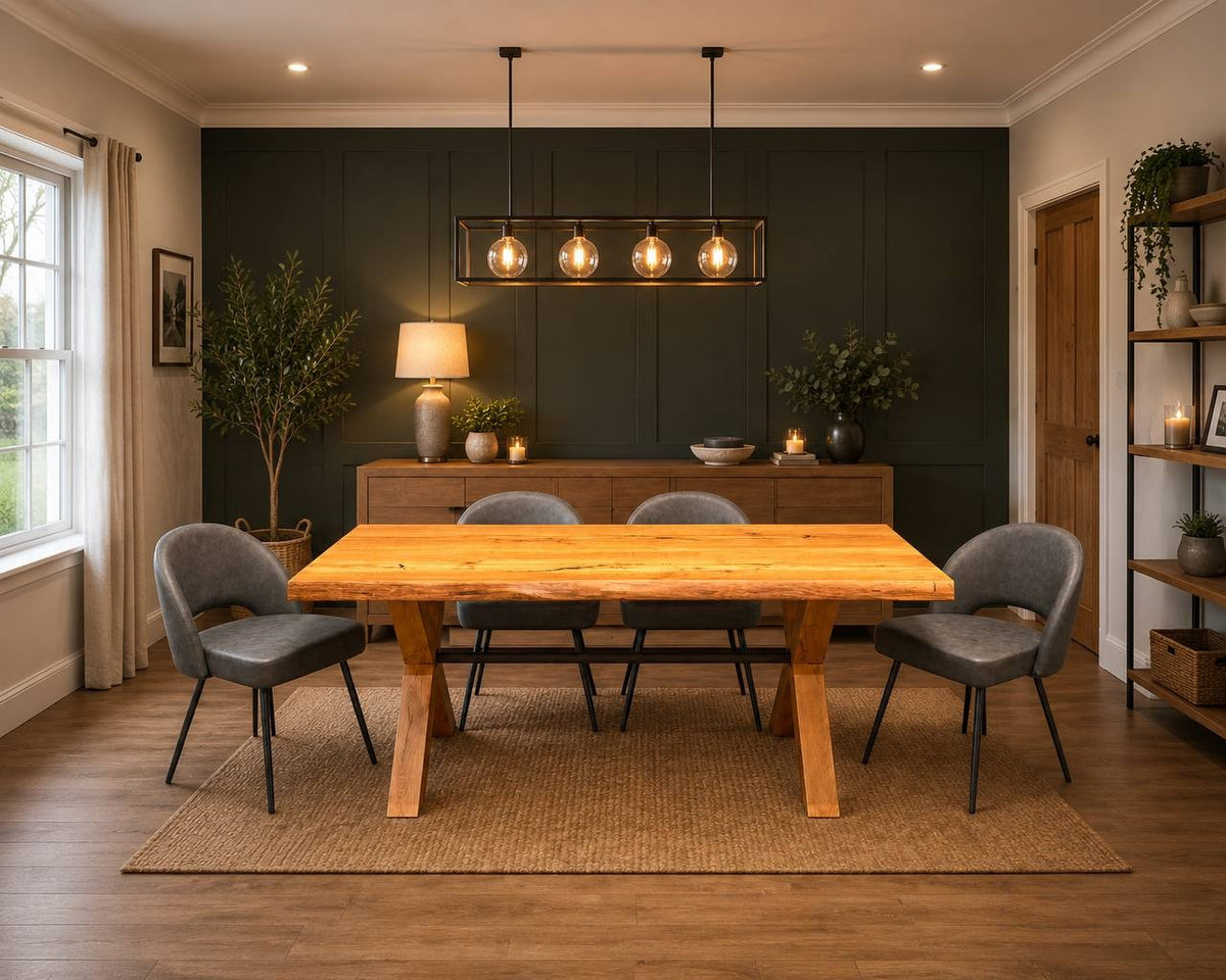 A rustic wooden dining table with four gray upholstered chairs in a styled dining room with a dark green paneled wall, pendant lights, and a sideboard.