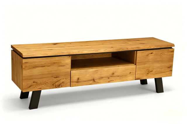 A modern wooden TV stand or media console with a natural oak finish, featuring three drawers, an open center shelf, and black metal legs, shown on a white background.