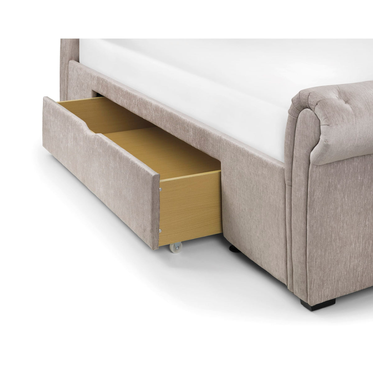 Light grey fabric storage bed showing open under-bed drawer with wooden interior on white background