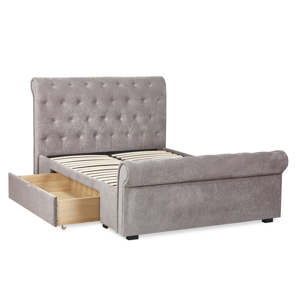 Grey fabric double bed facing left showing full right drawer pull-out with wooden interior storage.
