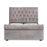 Grey fabric double bed headboard and footboard with black legs, side view showing no bedding or drawers.