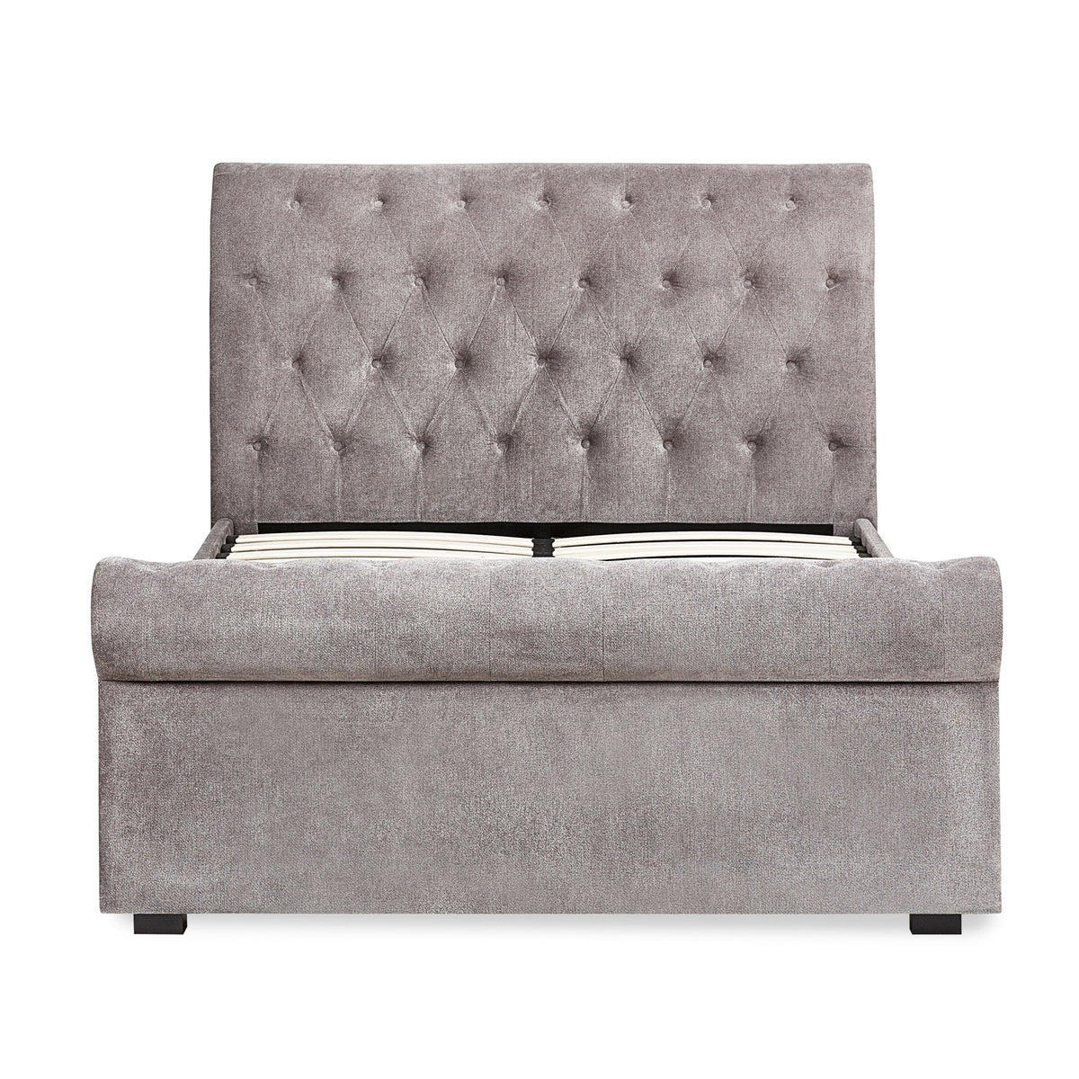 Grey fabric double bed headboard and footboard with black legs, side view showing no bedding or drawers.