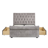 Frontal view of grey fabric double bed with fully opened side drawers revealing wooden storage inside.