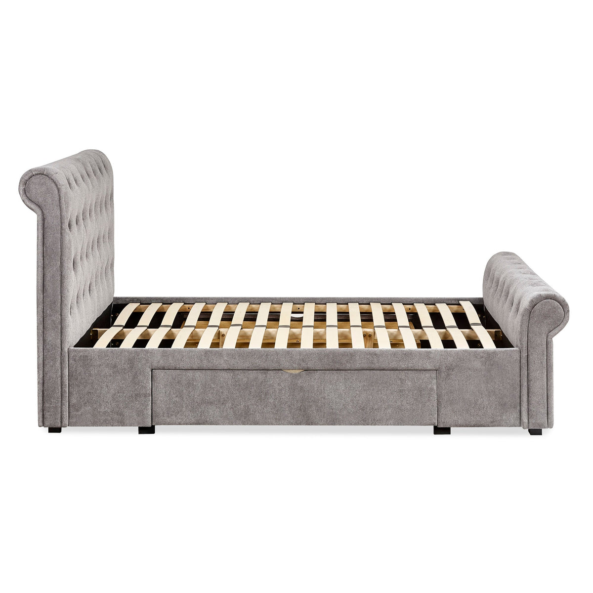 Grey fabric double bed frame with wooden slats, no mattress, side rails with storage drawers closed.
