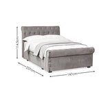Light grey fabric storage bed with white bedding and dimensions displayed from side angle on white background