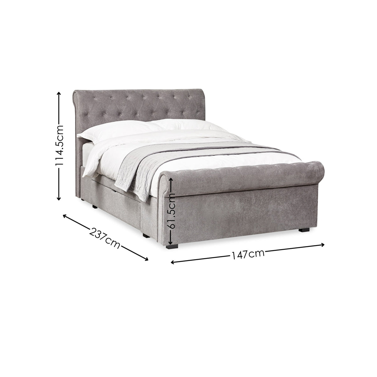 Light grey fabric storage bed with white bedding and dimensions displayed from side angle on white background