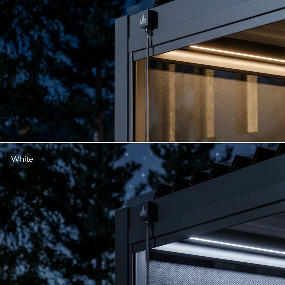 Comparison of warm white and white LED strip lights on a window frame at night.