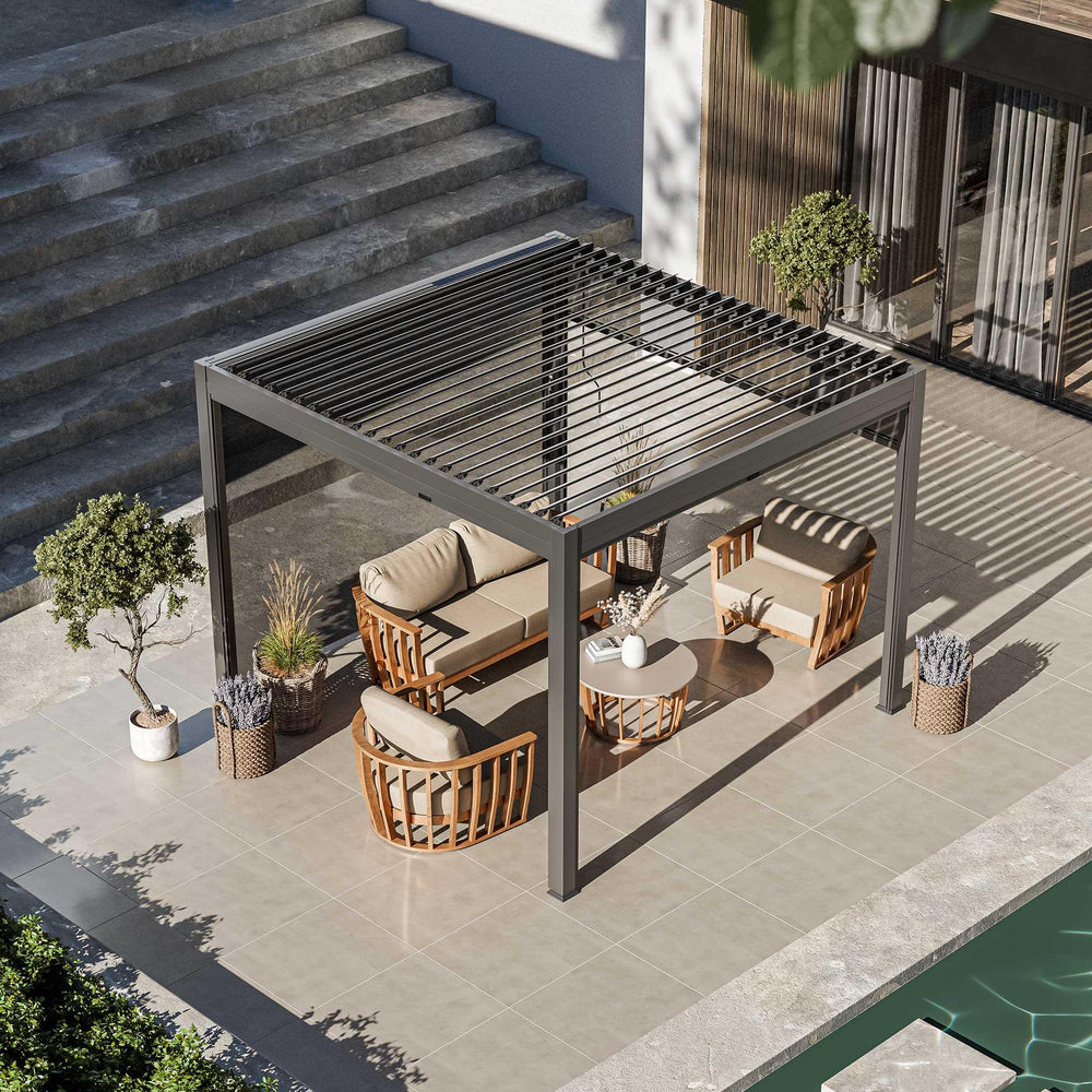 Modern outdoor pergola with aluminium frame, wooden garden furniture and neutral cushions