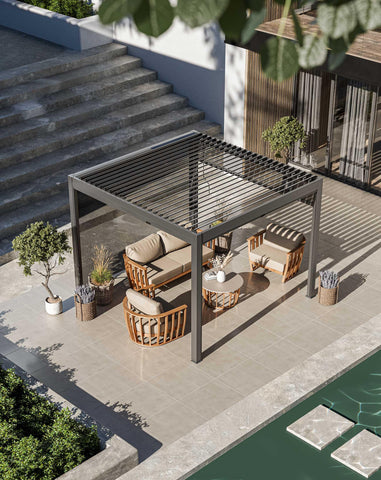 Modern outdoor pergola with aluminium frame, wooden garden furniture and neutral cushions