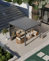 Modern outdoor pergola with grey louvered roof, patio furniture and plants near pool