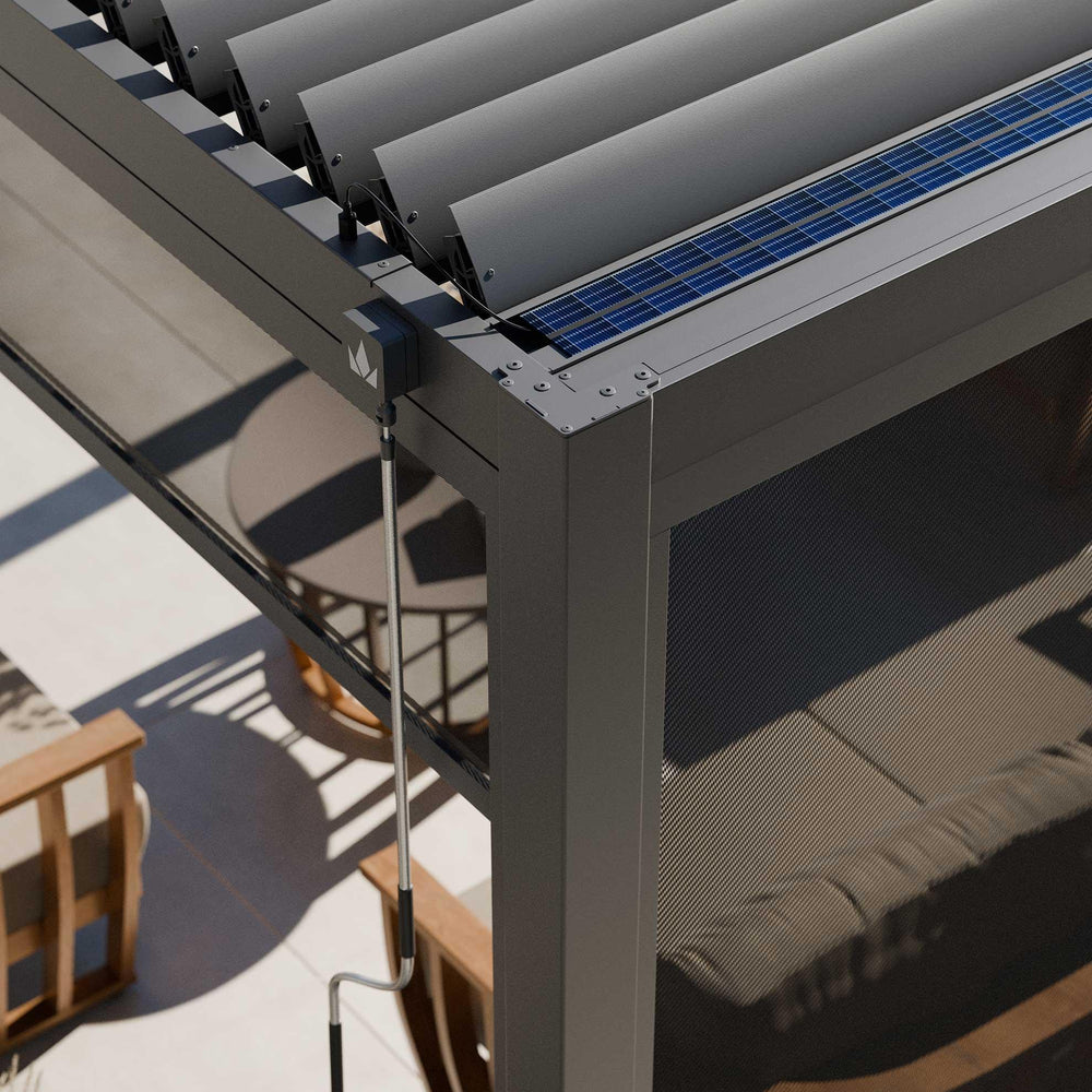 Aluminium pergola roof with manual crank handle and solar panel, outdoor seating below