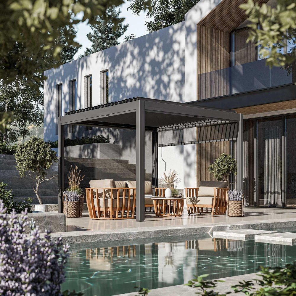 Modern pergola with beige outdoor sofa set and wooden chairs beside pool