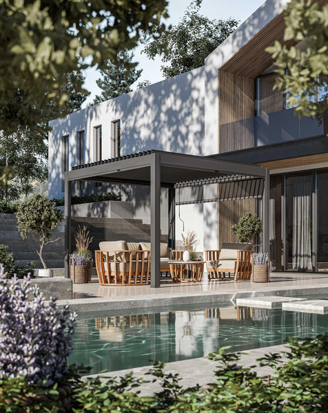 Modern pergola with beige outdoor sofa set and wooden chairs beside pool