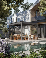 Modern pergola with beige outdoor sofa set and wooden chairs beside pool