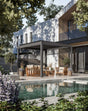 Modern pergola with beige outdoor sofa set and wooden chairs beside pool