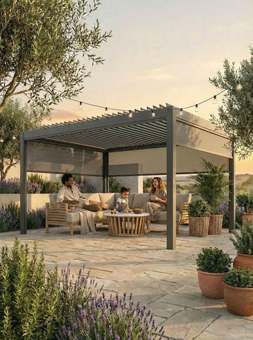 Outdoor metal pergola with seating area, garden sofa and coffee table on patio at sunset