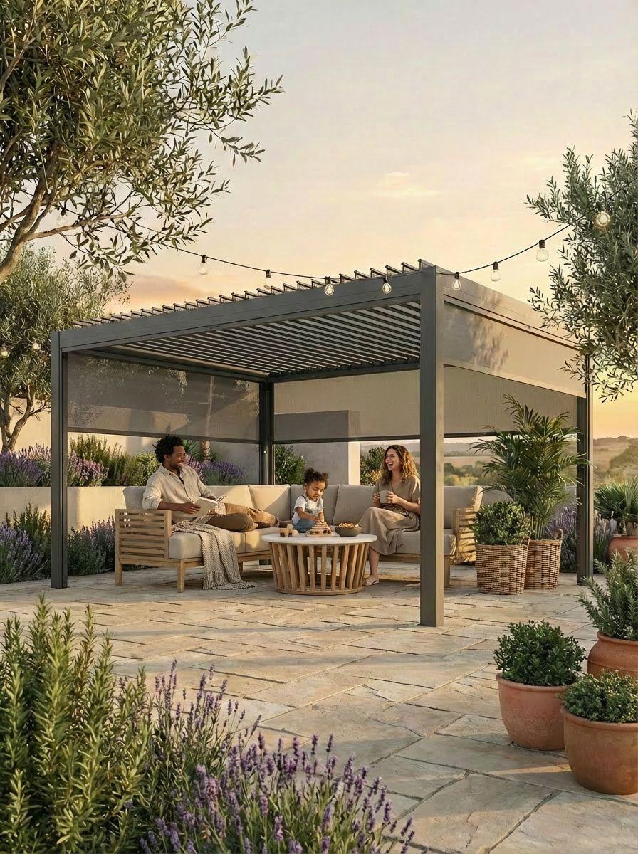 Outdoor metal pergola with seating area, garden sofa and coffee table on patio at sunset