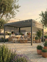 Outdoor metal pergola with seating area, garden sofa and coffee table on patio at sunset