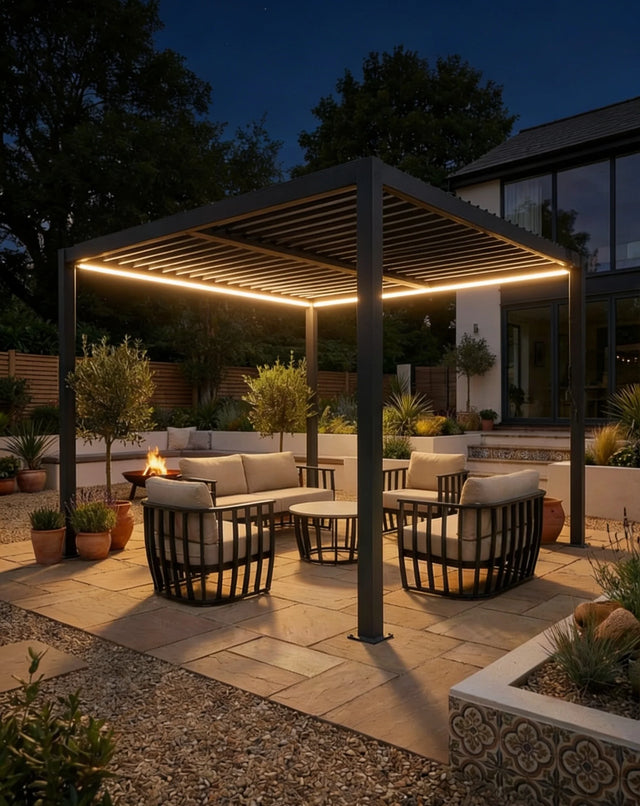 Outdoor patio area with pergola, seating, and garden lights at night.