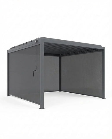 Grey aluminium pergola with adjustable louvre roof and pull-down side screens