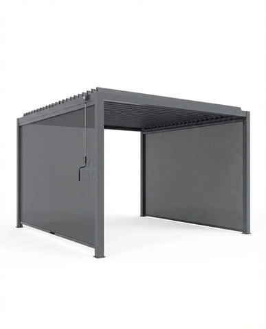 Grey metal pergola with slatted roof and mesh side panels, retractable canopy visible