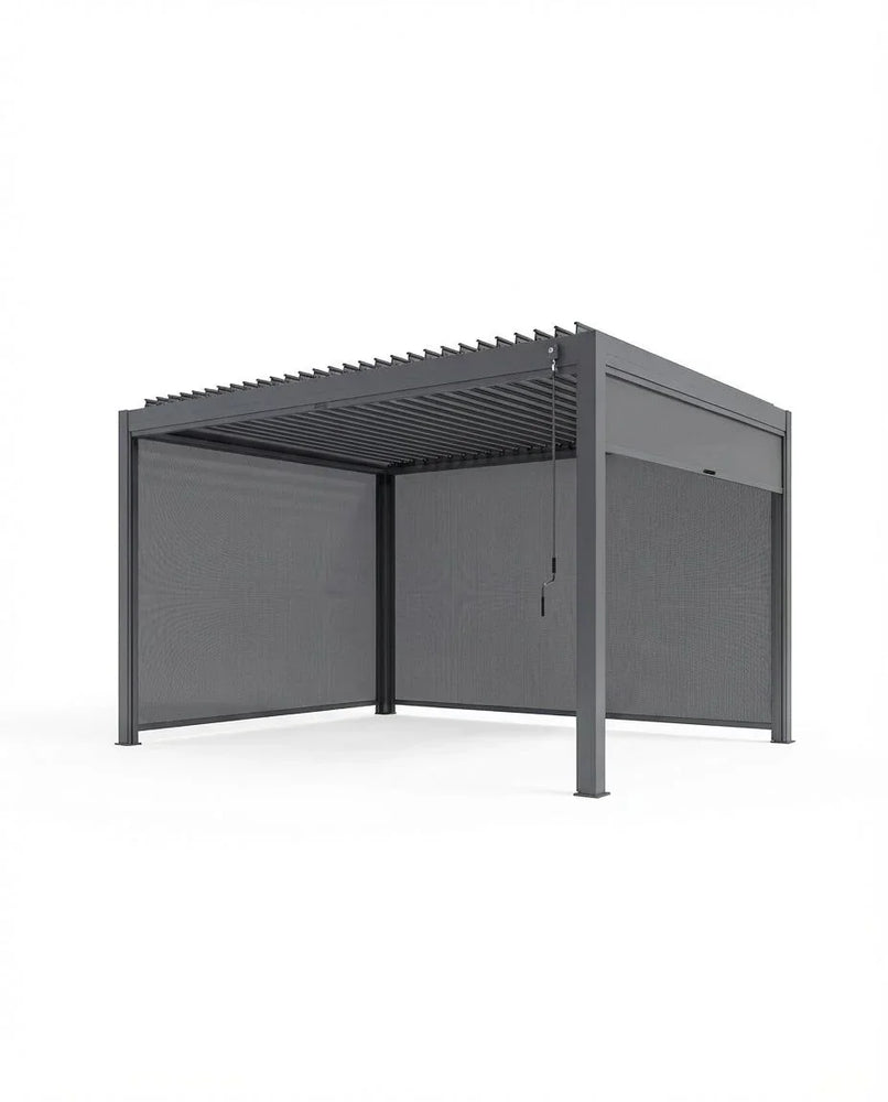 Grey metal pergola with adjustable louvered roof and mesh side panels, side angle view