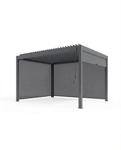 Grey metal pergola with adjustable louvered roof and mesh side panels, side angle view