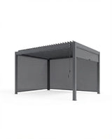 Grey metal pergola with adjustable louvered roof and mesh side panels, side angle view