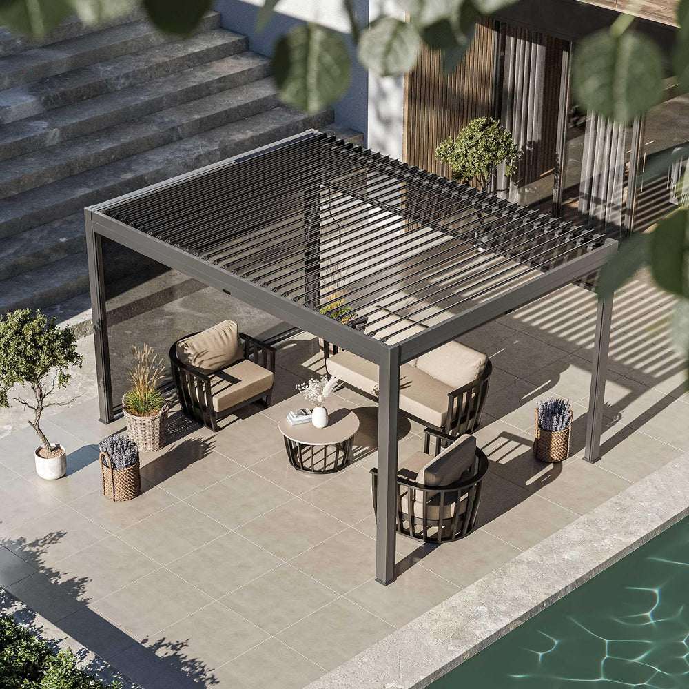 Modern outdoor patio furniture set with pergola by poolside on tiled terrace