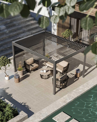 Modern outdoor patio furniture set with pergola by poolside on tiled terrace