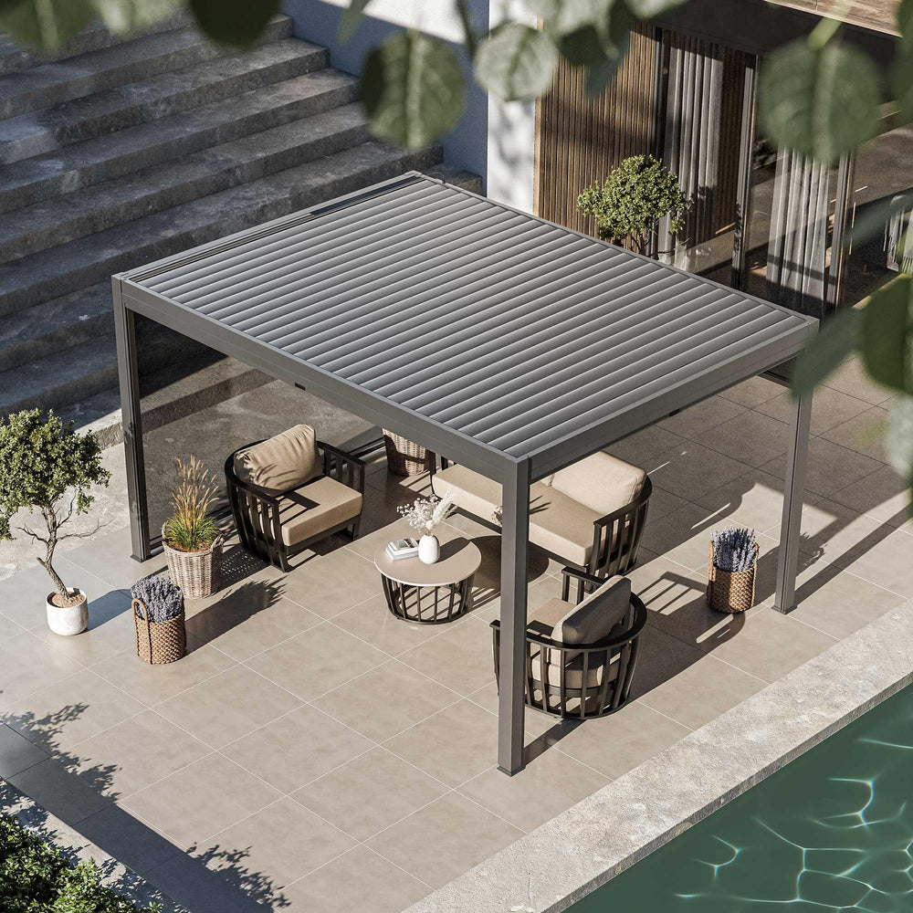 Modern outdoor pergola with garden furniture set beside pool on tiled patio