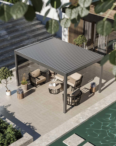 Modern outdoor pergola with garden furniture set beside pool on tiled patio