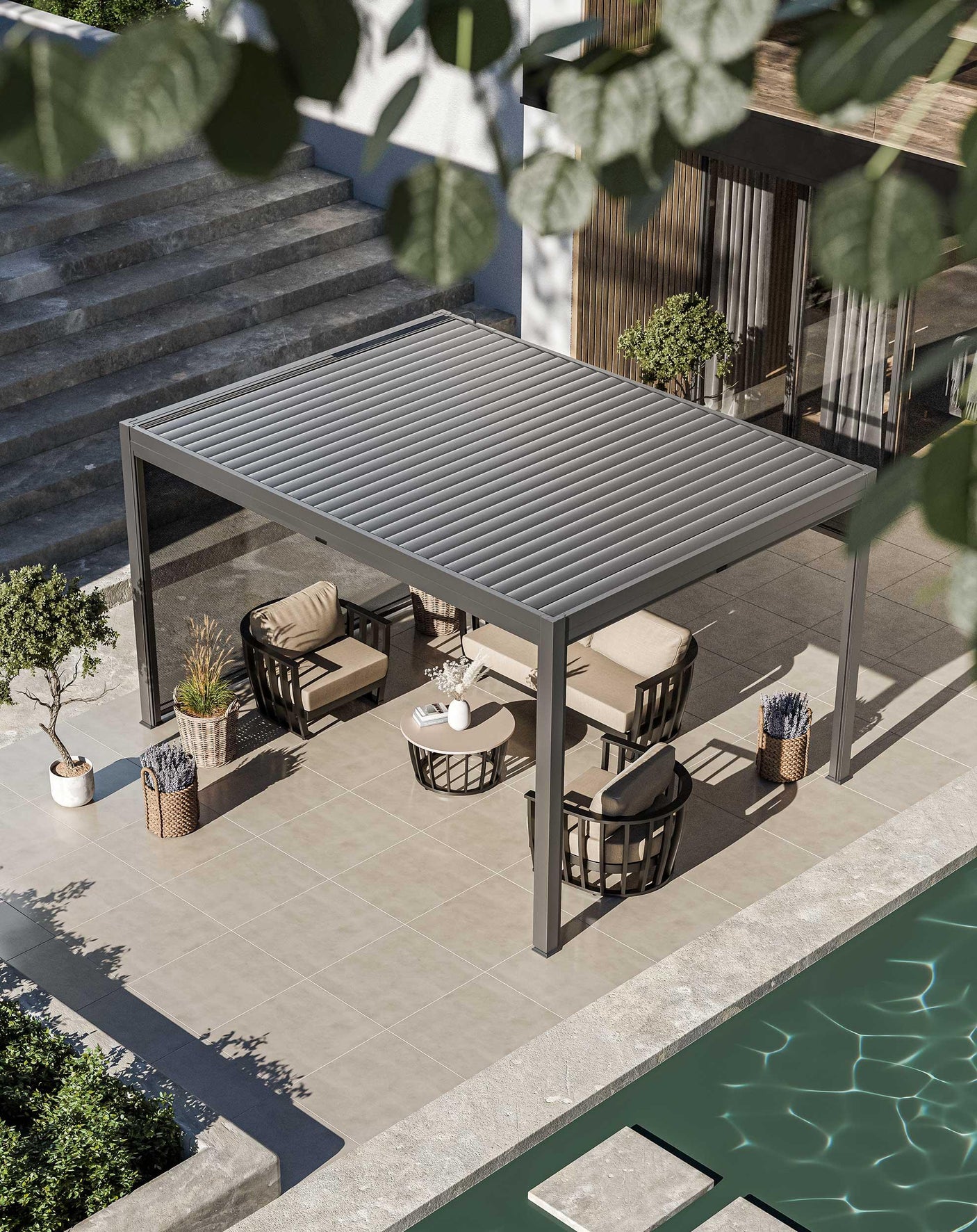 Modern outdoor pergola with garden furniture set beside pool on tiled patio