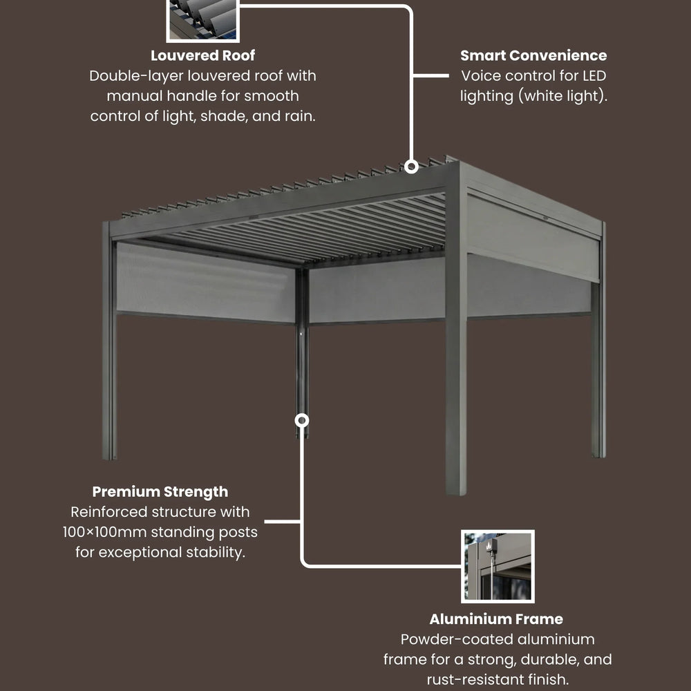 Grey aluminium pergola with louvered roof, LED lighting, and reinforced corner posts