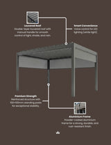 Grey aluminium pergola with louvered roof, LED lighting, and reinforced corner posts