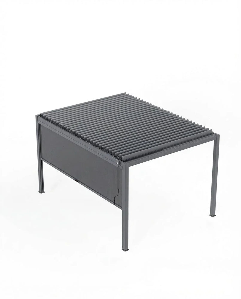 Grey aluminium outdoor pergola with adjustable louvre roof, angled side view