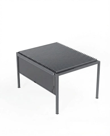 Grey aluminium outdoor pergola with adjustable louvre roof, angled side view
