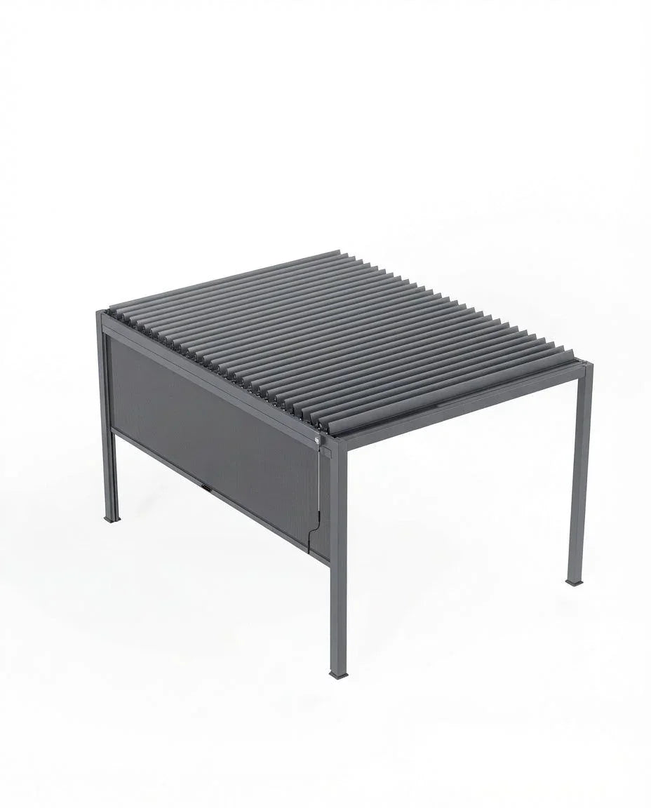 Grey aluminium outdoor pergola with adjustable louvre roof, angled side view