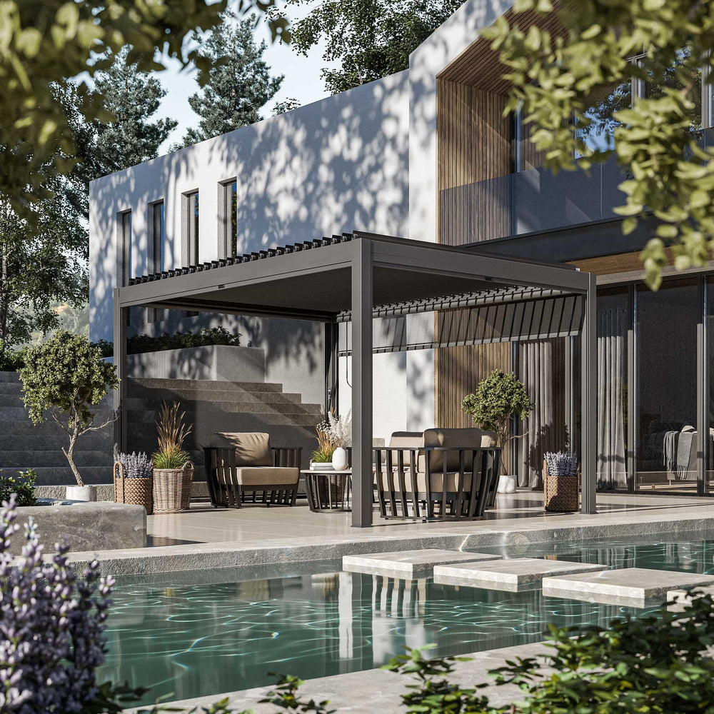 Modern garden pergola with outdoor furniture set beside pool and potted plants