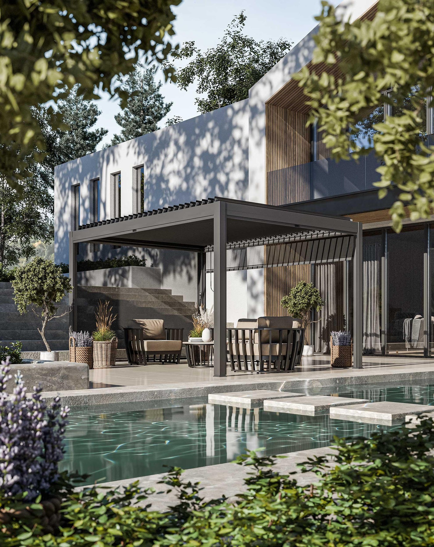 Modern garden pergola with outdoor furniture set beside pool and potted plants