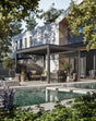 Modern garden pergola with outdoor furniture set beside pool and potted plants