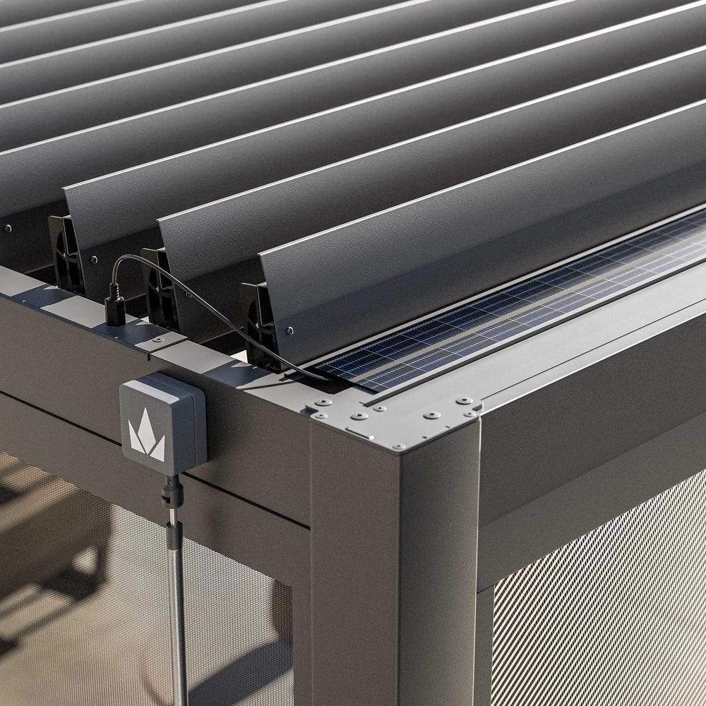 Close up of aluminium pergola louvre roof with solar panel and integrated electric control