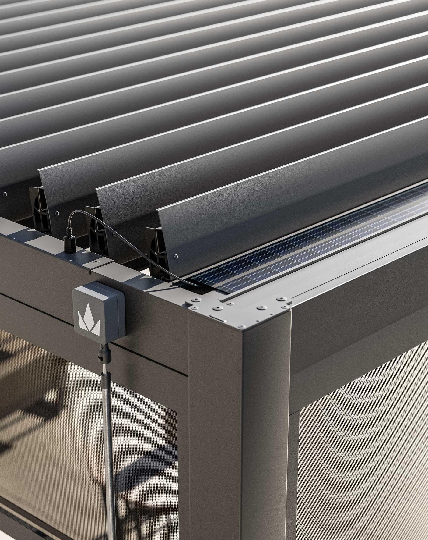 Close up of aluminium pergola louvre roof with solar panel and integrated electric control